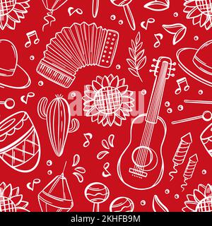 FESTA JUNINA MUSIK Juni Festival katholische Tradition Brasilien Karneval Feiertage Nahtloses Muster mit Musikinstrumenten auf rotem Hintergrund Vektor Illustr Stock Vektor
