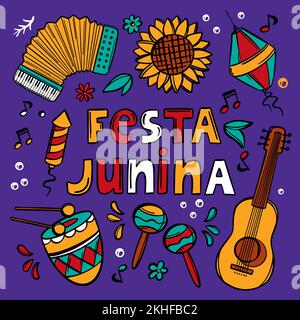 FESTA JUNINA SYMBOL Juni-Festival katholische Tradition Brasilien Karnevalsfeiertag Schriftzug mit Musikinstrumenten auf violettem Hintergrund Vektorillustration Stock Vektor