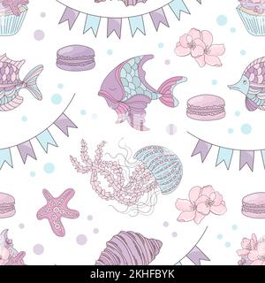 FISCH URLAUB Unterwasserreise Tropisches Meer Ozean Sommer Seamless Pattern Vector Illustration Set zum Drucken Stock Vektor