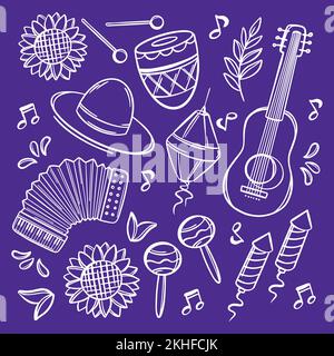 FESTIVAL MUSIK Juni Festival katholische Tradition Brasilien Karnevalsfeiertage Komposition mit Musikinstrumenten auf violettem Hintergrund Vektorillustration Stock Vektor
