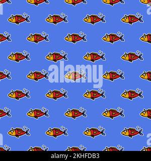 FISH LÄCHELN Cartoon handgezeichnet Bild Nahtloses Muster süßes Rot Unterwasserbewohner für Design Vector Illustration auf blauem Hintergrund Märchen F Stock Vektor