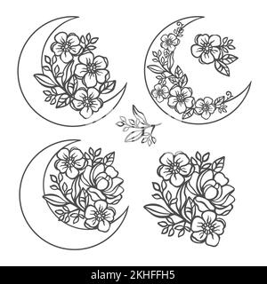 FLOWER CRESCENT Monochrome Kollektion aus Buttercup- und Rosenkränzen und Bouquets offene Konturen für Print Cartoon Floral Cliparts Vector Illustra Stock Vektor