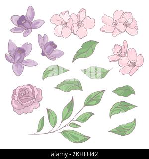 BLUMEN UND BLÄTTER Blumenrosen Aquilegia Sakura Saison Natur Frühling Weihnachtsdekoration Cartoon Clip Art Vector Illustration Set zum Drucken Stock Vektor