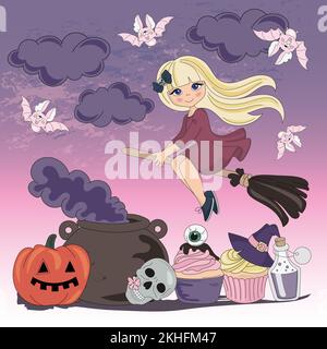 FLIEGENDE HEXE – Halloween-Magie-Weihnachtszauber-Cartoon-Vektor-Illustration zum Drucken Stock Vektor