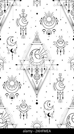 Einfarbige Textur mit schwarzen Konturen, okkulten Symbolen mit Sternen und Halbmond auf weißem Hintergrund. Ein mystisches, luxuriöses geometrisches Muster. Sakral raus Stock Vektor
