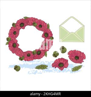 Kartoon mit BLUMENMOHN- UND BLUMENMOHN-Motiv und Vektorgrafik zum Aufdrucken Stock Vektor