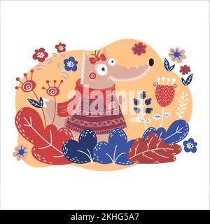 VALENTINSTAGSPARTY MIT FOLK FOX – handgezogener, flacher Cartoon-Vektor mit Tiermotiv zum Drucken Stock Vektor