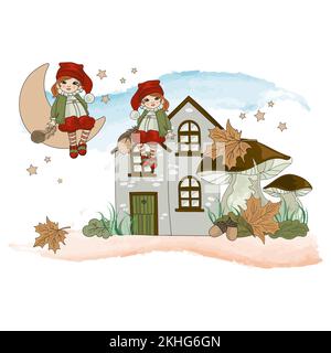 HERBSTFARBEN-Cartoon-Clip-Art-Vektor-Illustration IM WALD LEPRECHAUN zum Drucken Stock Vektor