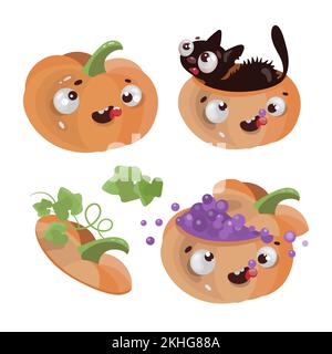 LUSTIGE KÜRBISSE Happy Halloween Holiday Cartoon handgezeichnete flache Vektor-Illustration-Bekleidung Set zum Drucken Stock Vektor