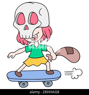 Eine Kritzelzeichnung eines Mädchens, das auf einem Skateboard fährt und eine Totenkopfmaske trägt Stock Vektor