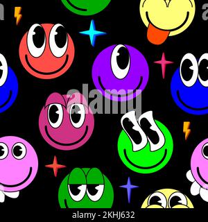 Smiley-Gesichter, Aufkleber, trügerisches, nahtloses Muster. Trendiger Retro-Hintergrund Stock Vektor
