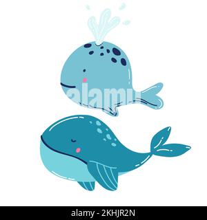 Gruppe von Blauwalen, Haien, Pottwalen, Delfinen, Belugawalen, Narwal-Killerwale. Cartoon-Vektorgrafiken. Stock Vektor
