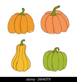 Set von Kürbis in verschiedenen Formen und Farben. Thanksgiving und halloween Elemente. Vektorgrafik im handgezeichneten Stil. Stock Vektor