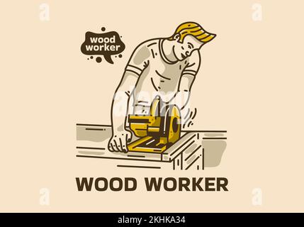 Vintage-Kunstdesign, bei dem man Holz mit einer Kettensäge sägt Stock Vektor