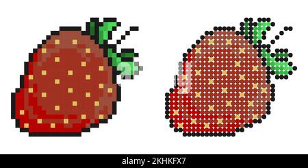 Pixelsymbol. Saftige, reife Erdbeere. Sommerfrüchte und Beeren. Vegetarismus, Vitamine, gesunder Lebensstil. Einfacher Retro-Game-Vektor isoliert auf weißem B Stock Vektor