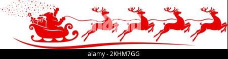 Silhouette des Weihnachtsmanns, der in einem Schlitten mit einem Weihnachtsbaum reitet, und Geschenke, die von Rentieren gezogen werden. Weihnachtsdekoration rotes Symbol. Vektor auf Transparenz Stock Vektor