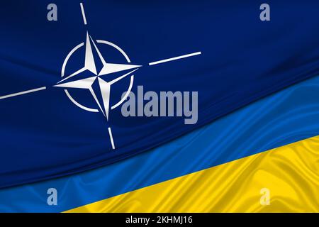 Flaggen der Ukraine und der NATO. Internationale Beziehungen. Stockfoto