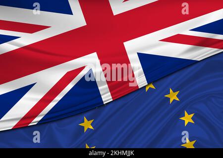 Flaggen Großbritanniens und der Europäischen Union. Internationale Beziehungen. Stockfoto