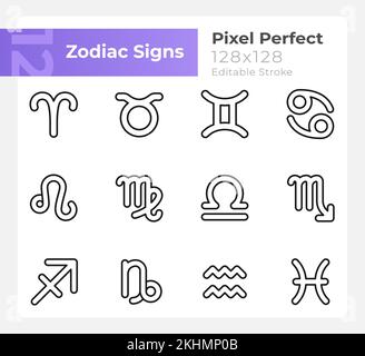 Zwölf Zodiakzeichen westlicher Astrologie Pixel perfekte lineare Symbole gesetzt Stock Vektor