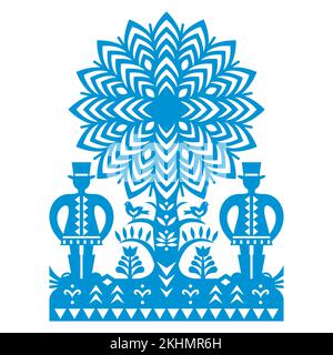 Polnisches Volkskunst-Vektormuster Wycinanki Kurpiowskie mit zwei Männern in Hüten, Baum und Vögeln - Kurpie-Papier schneidet Design mit ländlicher Szene aus Stock Vektor