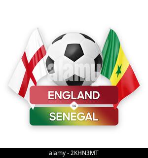 Konzept des Fußballspiels zwischen den Nationalmannschaften von England und Senegal. Stockfoto