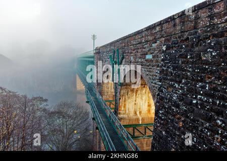 Shin Railway Viadukt, das den Kyle von Sutherland an einem nebligen Morgen im November durchquert Stockfoto
