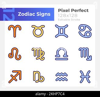Zwölf Zodiakzeichen westlicher Astrologie Pixel Perfect RGB-Farbsymbole gesetzt Stock Vektor