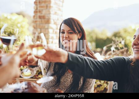 Toast, Feier und Freunde bei einem Mittagessen mit Liebe, Glück und Lächeln während einer Terrassenparty. Cheers, Essen und Familie mit Wein, um Weihnachten oder zu feiern Stockfoto