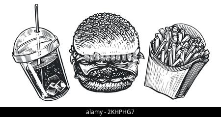 Skizze eines Fast Food-Sets. Burger, pommes frites und Cola mit Eis im Becher. Vektordarstellung von Street Food oder Essen zum Mitnehmen Stock Vektor
