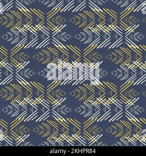 Glitch aztec geometrischer Vektor nahtloser Musterhintergrund. Blauer Hintergrund mit handgezeichneten horizontalen dekorativen Motiven. Paralleler symmetrischer Teppich Stock Vektor