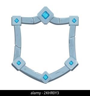 Gestalteter Steinrahmen mit Rahmen und Edelsteinen, Schildform, leeres mittelalterliches Menüfeld im Cartoon-Stil isoliert auf weißem Hintergrund. Vektordarstellung Stock Vektor