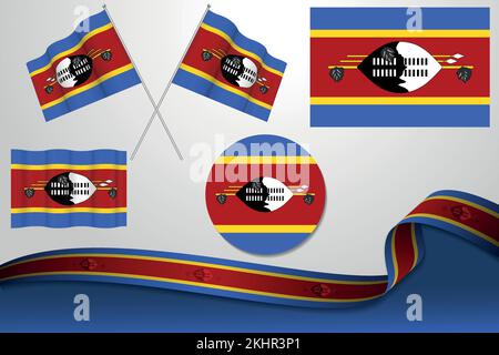Ein Satz Eswatini-Flaggen in verschiedenen Designs, Ikone, flatternde Flaggen und Band mit Hintergrund. Stock Vektor