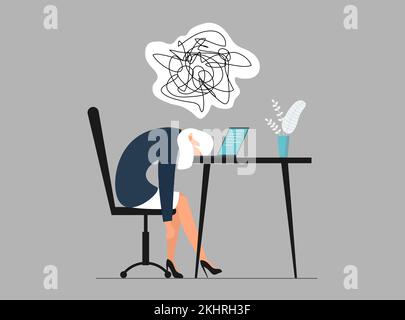 Professionelles Burnout bei der Arbeit und Chaos im Kopf. Müde und überarbeitete Managerin am Arbeitsplatz liegt mit dem Gesicht nach unten auf dem Laptop. Frustrierte psychische Gesundheitsprobleme der Arbeiter. Vektor-eps-Darstellung Stock Vektor