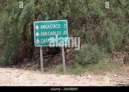 Indikatives Straßenbrett an der Ruta 40, Route 40, mythischer Highway im Norden argentiniens Stockfoto