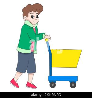 Abbildung eines Jungen, der einen Einkaufswagen durch das Einkaufszentrum schiebt Stock Vektor