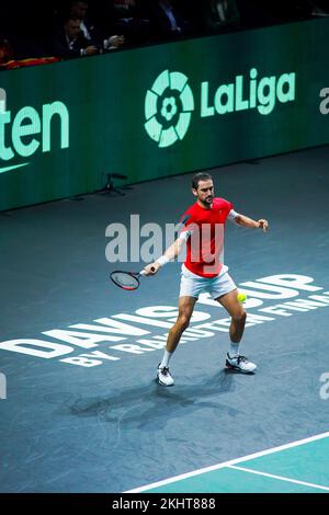 Marin Cilic in Aktion bei den Spielen Spanien gegen Kroatien im 1/4. Finale des Rakuten Davis Cup im Palacio de los Deportes Jose Maria Martin Carpena in Malaga. Endstand Spanien 0:2 Kroatien Stockfoto