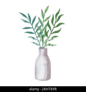 Aquarelle Blumenillustrierungen. Blumenstrauß mit abstrakten palmengrünen Blättern in einer Vase. Botanischer Klipart. Perfekt für Hochzeitseinladungen, Grußkarten Stockfoto