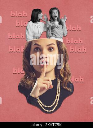 Collage für zeitgenössische Kunst. Kreatives Design. Zwei junge Frauen stehen im weiblichen Kopf und reden Klatsch, verbreiten Gerüchte Stockfoto