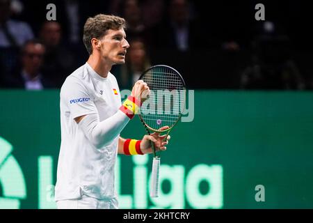 Malaga, Spanien. 23.. November 2022. Pablo Carreno feierte während der Spiele Spanien gegen Kroatien im 1/4. Finale des Rakuten Davis Cup im Palacio de los Deportes Jose Maria Martin Carpena in Malaga. Endstand Spanien 0:2 Kroatien (Foto: Francis Gonzalez/SOPA Images/Sipa USA) Gutschrift: SIPA USA/Alamy Live News Stockfoto