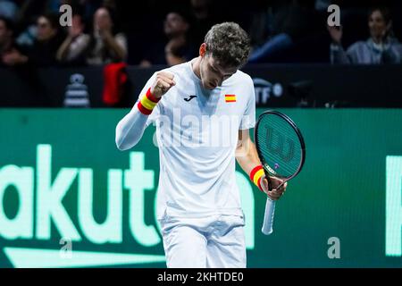 Malaga, Spanien. 23.. November 2022. Pablo Carreno feierte während der Spiele Spanien gegen Kroatien im 1/4. Finale des Rakuten Davis Cup im Palacio de los Deportes Jose Maria Martin Carpena in Malaga. Endstand Spanien 0:2 Kroatien (Foto: Francis Gonzalez/SOPA Images/Sipa USA) Gutschrift: SIPA USA/Alamy Live News Stockfoto