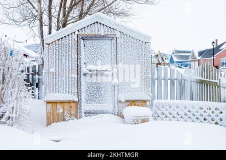 Ein Gewächshaus im Hinterhof, bedeckt mit Schnee nach einem Schneesturm. Stockfoto