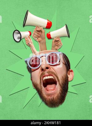 Collage für zeitgenössische Kunst. Kreatives Design. Junger Mann mit vielen Megafonen, die aus dem Kopf erscheinen und falsche Nachrichten und Propaganda symbolisieren Stockfoto