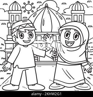 Ramadan Happy Muslim Kids Malseite für Kinder Stock Vektor