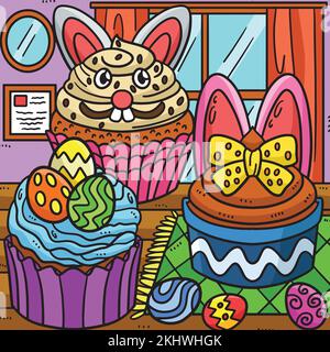 Oster Cupcakes Farbige Cartoon-Illustration Stock Vektor