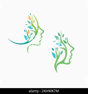 Die Silhouette des menschlichen Kopfes mit den Ästen und Blättern Stock Vektor