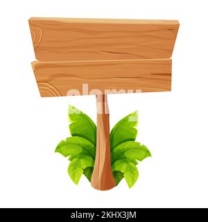 Holztablett, strukturiertes Panel, Schild mit Dschungelblättern im Cartoon-Stil isoliert auf weißem Hintergrund. Rustikales Brett, Planke mit Platz. UI-Spielelemente, ländlicher Hintergrund. . Vektordarstellung Stock Vektor