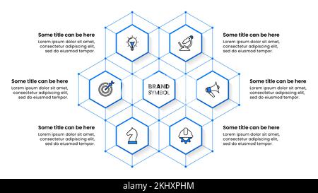 Infografik-Vorlage mit Symbolen und 6 Optionen oder Schritten. Sechskant. Kann für Workflow-Layout, Diagramm, Banner, webdesign verwendet werden. Vektorgrafik Stock Vektor