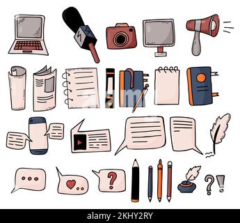 Sammlungsjournalismus-Artikel. Mikrofon, Megafon, Laptop, Notizblöcke und Blätter aus Papier, Zeitung, Briefe und Online-Nachrichten, Bleistifte und Tintenfass. Stock Vektor