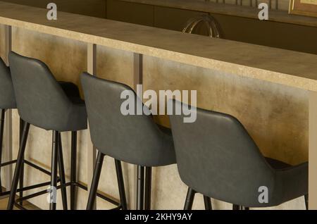 Eine Reihe Holzbarhocker stehen an der Bar Stockfoto