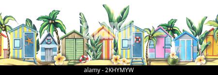 Strand, Holzhäuser sind farbenfroh am Sand mit Palmen, Blumen und Kokosnüssen. Aquarelldarstellung. Nahtlos vom SURFEN entfernt Stockfoto